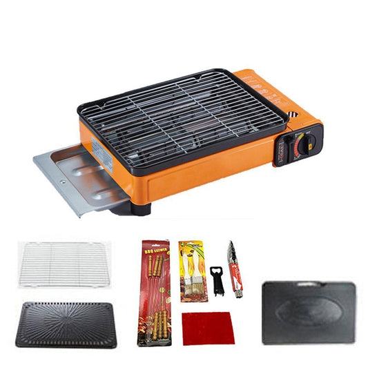 Portable Gas Stove Burner Butane BBQ Camping Gas Cooker With Non Stick Plate Orange without Fish Pan and Lid